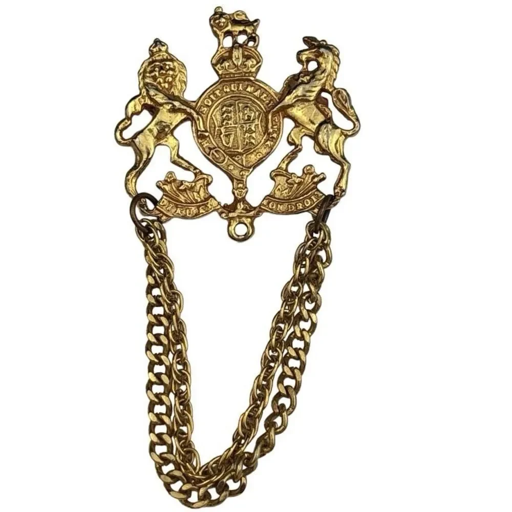 Vintage British Heraldic Double Chain Brooch Cloak Clasp Lion Crest